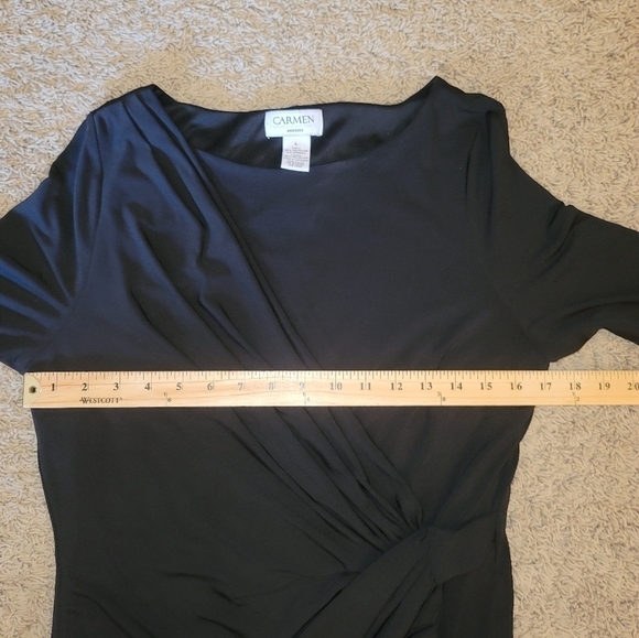 CARMEN MARC VALVO BLACK FAUX WRAP 3/4 SLEEVE KNEE LENGTH DRESS, SZ LARGE - Picture 10 of 13